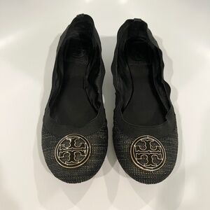 Tory Burch Caroline Ballet Flat Black gold Tweed / Logo,  Elastic Trim Sz 6M